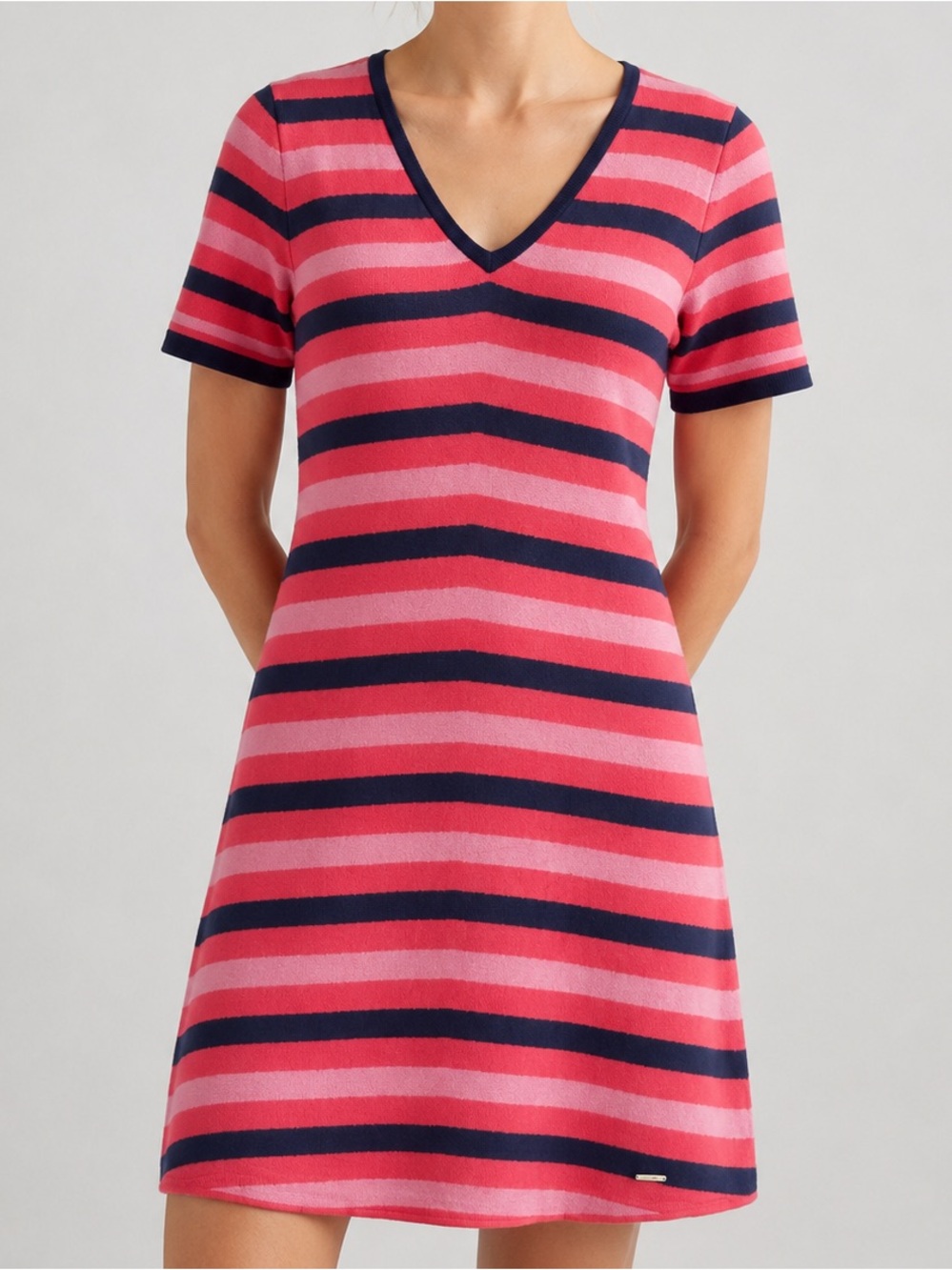 Ted Baker Pink and Navy Woven Crew Neck Top